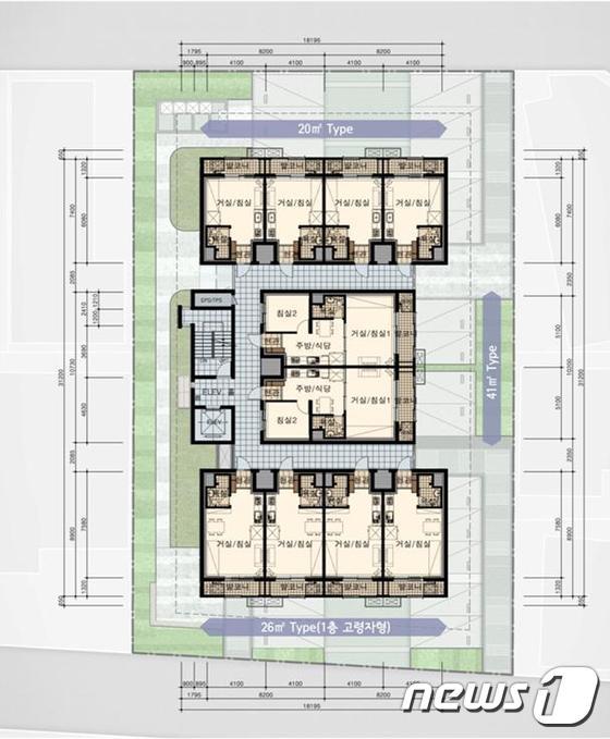 본문 이미지 - 서울 송파구 삼전지구 행복주택 평면도. 도시형생활주택으로 건설되며 한 개층에 20·26·41㎡ 10개 가구로 구성된다. ⓒ News1