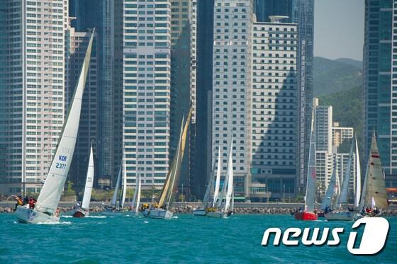 본문 이미지 - 지난 4월 부산 해운대구 수영만 일원에서 '2015 부산 수퍼컵 국제요트대회'가 펼쳐지고 있는 모습.  / (부산=뉴스1) 이승배 기자 ⓒ News1