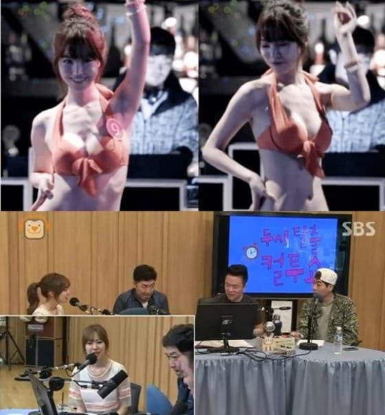 본문 이미지 - 영화 &acute;위험한 상견례2&acute; 예고편 속 진세연 비키니 장면(위)과 SBS 파워FM &acute;컬투쇼&acute;에 출연한 진세연.