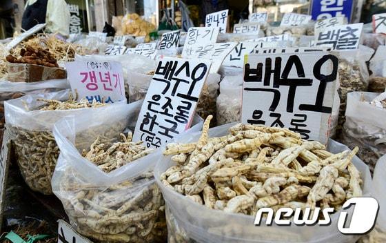 본문 이미지 - ‘가짜 백수오’ 제품 파동이 일파만파 번지는 가운데 4일 오후 서울 동대문구 경동시장 약령시의 한 매장에 국내산 백수오가 진열되어 있다. 2015.5.4/뉴스1 ⓒ News1 박지혜 기자