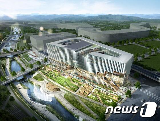 본문 이미지 - 세종시 최초의 비즈니스 호텔이 들어설 방축천변 상가 P1구역 조감도. 국내 최초로 &acute;사업 제안&acute; 방식을 도입해 당선된 설계 공모작. ⓒ News1