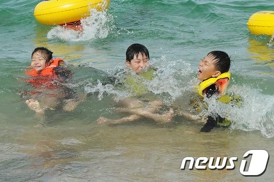 본문 이미지 - 강릉 경포해변을 찾은 어린이들이 물놀이를 하며 즐거운 한때를 보내고 있다. 2015.7.11/뉴스1 ⓒ News1 윤창완 기자