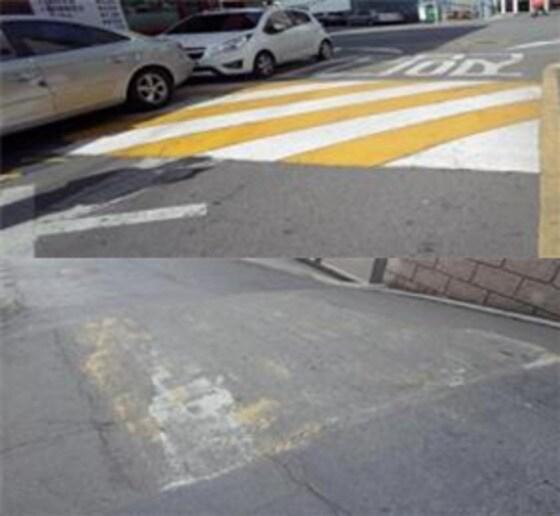 본문 이미지 - 과속방지턱의 도색이 양호한 사례(위)와 미흡한 사례. (한국소비자원 제공) ⓒ News1