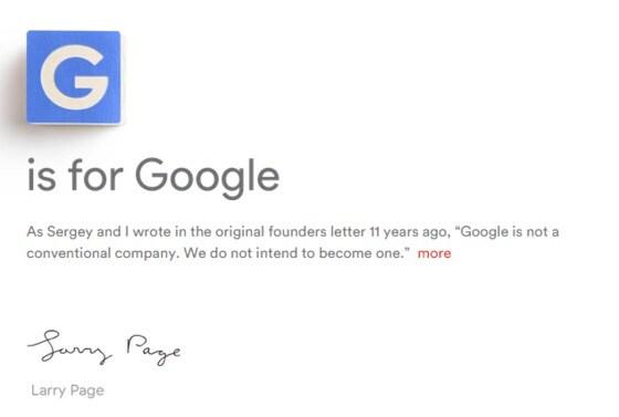 본문 이미지 - '알파벳' 홈페이지 메인의 'G는 구글(G is for Google)' 메시지 (알파벳 홈페이지 캡처) ⓒ News1