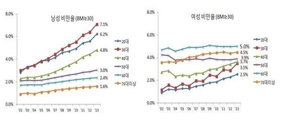 본문 이미지 - 2002년부터 2013년까지 남성과 여성 비만율 추이./ⓒ News1