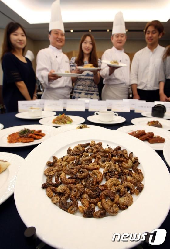 본문 이미지 - 식용곤충 소비 확대를 위한 발전 방안을 찾기 위해 25일 서울 소공동 롯데호텔에서 열린 '식용곤충 조리적용 전문가 워크숍'에서 관계자들이 고소애, 꽃벵이 등 식용곤충으로 조리한 음식을 선보이고 있다. 2015.8.25/뉴스1 ⓒ News1 이광호 기자
