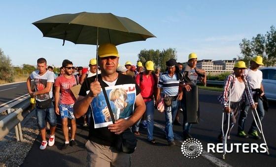 본문 이미지 - 4일(현지시간) 헝가리 부다페스트의 켈레티 기차역에서 머물던 난민 1200여명이 오랜 열차 출발 중단 조치에 참지 못하고 걸어서 독일로 이동하기 시작했다. 다리가 불편해 목발을 짚고 있는 난민도 행진에 참여한 가운데 한 남성이 앙겔라 메르켈 독일 총리의 사진을 손에 든 채 걷고 있다. 이들의 1차 목표지는 오스트리아 수도 빈으로 부다페스트에서 빈까지의 거리는 240㎞가 넘어 걸어서는 약 50시간이 걸린다.ⓒ 로이터=뉴스1 / (부다페스트 로이터=뉴스1)