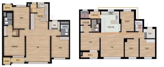 본문 이미지 - 왕십리자이 84㎡ 확장형(왼쪽)과 자이더익스프레스 84㎡ 확장형(오른쪽) 평면 비교 /자료제공=GS건설  