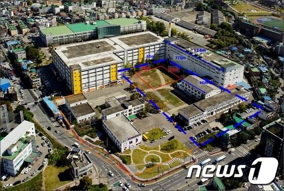 본문 이미지 - 청주시가 연초제조창 재생 방안으로 계획중인 2000석 규모의 야외공연장(사진 파란 점선),과 철거 여부를 놓고 논란을 빚고 있는 옛 직원 식당과 후생동(파란 점선 안 건물 2동).  사진=청주시 ⓒ News1