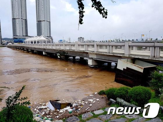 본문 이미지 - 홍수경보가 내려진 울산 태화강 울산교가 범람직전에 놓여 있다. 태화강의 수위는 경보 수위인 5.5m를 초과해 5.58m에 육박했다. ⓒ News1 이상문 기자