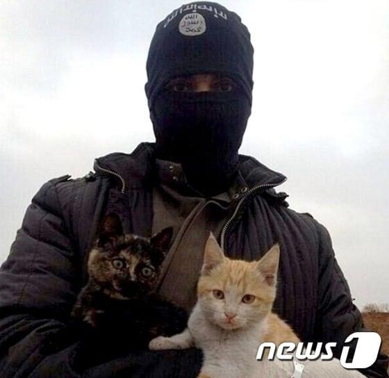 본문 이미지 - 극단주의 무장단체 이슬람국가(IS) 조직원이 고양이를 들고 있다.(사진 트위터)ⓒ News1