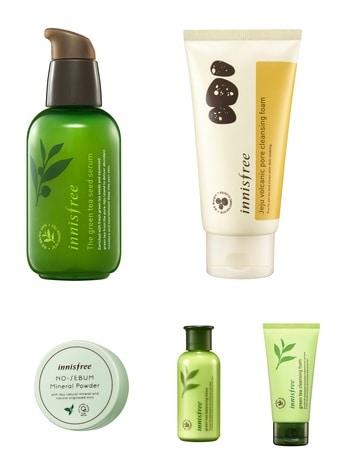 본문 이미지 - 왼쪽위부터 시계방향으로  '더 그린티 씨드 세럼' '화산송이 모공폼' '그린티밸런싱로션'  '그린티 클렌징 폼' '노세범 미네랄 파우더'ⓒ News1