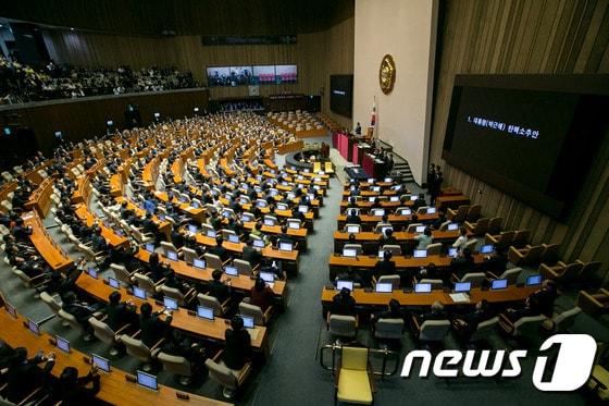 본문 이미지 - (서울=포커스뉴스) 정세균 국회의장이 9일 오후 서울 여의도 국회에서 열린 본회의에 참석해 박근혜 대통령 탄핵소추안 가결을 발표하고 있다. ⓒ News1 허경 기자