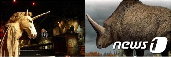 본문 이미지 - 전설의 동물 유니콘(좌)과 카자흐스탄에서 발견된 시베리아 유니콘의 상상도. ⓒ AFP=뉴스1(좌측 사진) / 우측 사진은 유튜브에서 캡처.