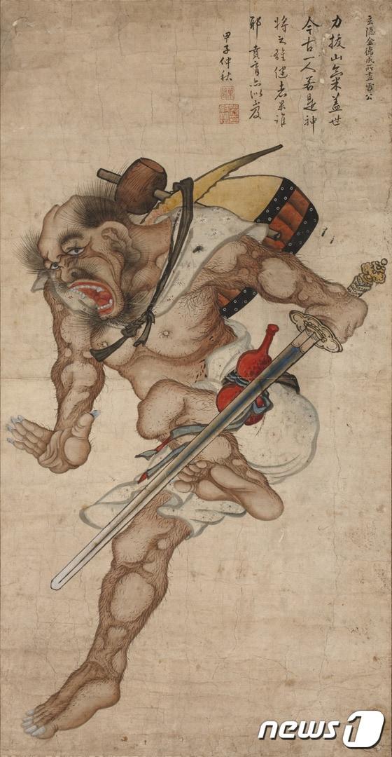 본문 이미지 - 조선 시대 사람들이 생각한 뇌신雷神의 모습. 김덕성(1729~1797)이 그린 '뇌공도'(雷公圖). 조선, 18세기 후반. 136&times;70cm, 덕수2272. 이하 자료-국립중앙박물관.ⓒ News1