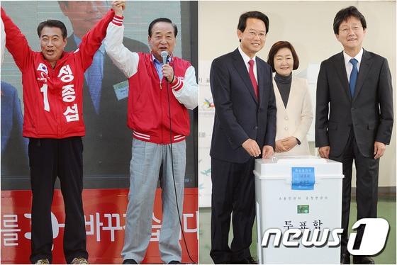 본문 이미지 - 정종섬 의원과 류성걸 전 의원은 지난 지난 2016년 4·13 총선 대구 동구갑 선거구에서 맞붙었다. 왼쪽부터 정종섭 의원, 서청원 당시 한국당 최고위원, 류성걸 전 의원, 유승민 바른미래당 의원  ⓒ News1 이종현 기자