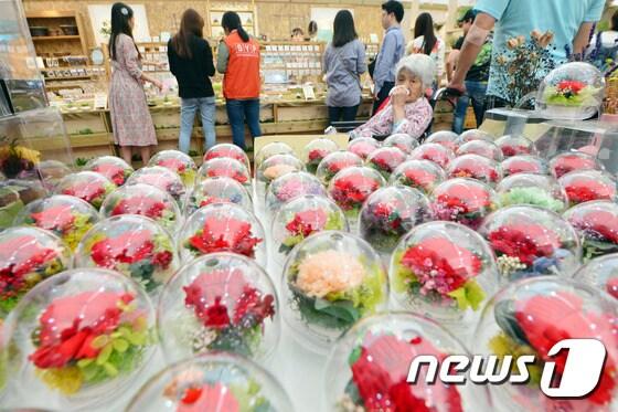 본문 이미지 - 어버이날인 8일 오후 경기 고양시 호수공원에서 열리고 있는  '2016 고양 국제 꽃 박람회' 국제무역관의 꽃 판매대에 카네이션이 진열되어 있다../뉴스1 ⓒ News1 임경호 기자