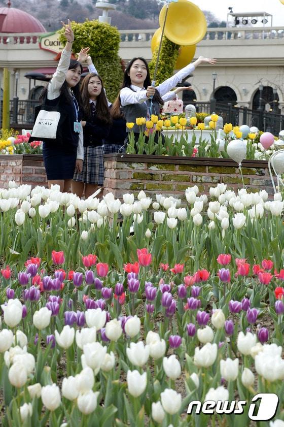 본문 이미지 - 용인 에버랜드를 찾은 대학생들이 꽃을 배경으로 스마트폰 셀카를 찍는 모습. 기사와 무관. ⓒ News1