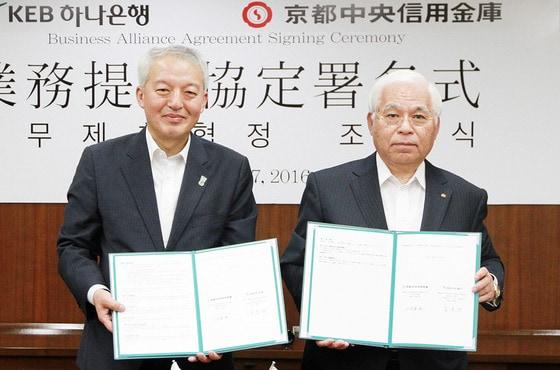 본문 이미지 - 17일 일본 교토 교토중앙신용금고 본점에서 열린 업무 협약식에 참석한 강용득 하나은행 글로벌영업1본부장(왼쪽)과 시라하세 마코토 교토중앙신용금고 이사장.(KEB하나은행 제공)