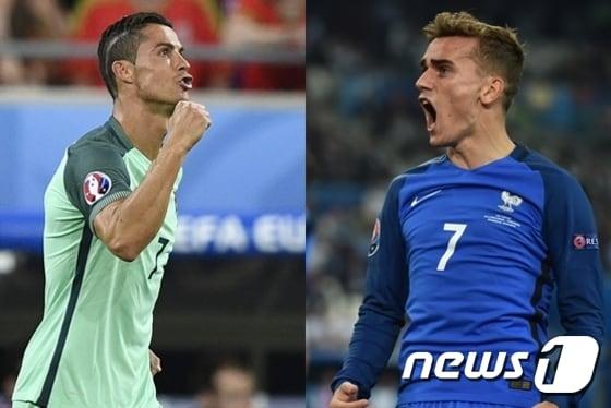 본문 이미지 - 포르투갈의 크리스티아누 호날두(왼쪽)와 프랑스의 앙투안 그리즈만. ⓒ AFP=News1