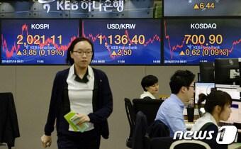 본문 이미지 - 코스피가 엿새째 오르며 2020선을 돌파한 18일 오후 서울 중구 KEB 하나은행 본점 딜링룸.  2016.7.18/뉴스1 ⓒ News1 안은나 기자