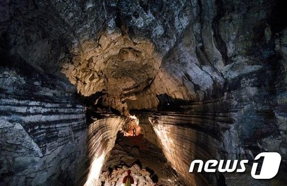 본문 이미지 - 탐방객들이 만장굴에서 더위를 식히고 있다. (제주세계자연유산센터 제공) 2016.07.27 ⓒ News1