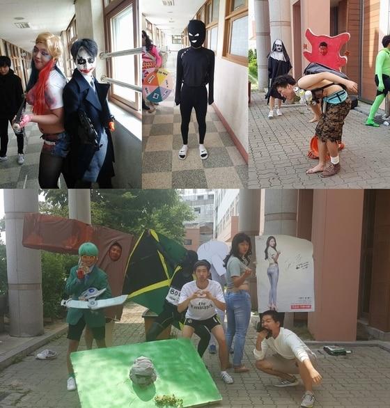 본문 이미지 - (왼쪽 위부터 시계방향)  DC코믹스의 할리퀸과 조커, 유명 만화 '명탐정 코난'의 의문 속 인물, 피카추 돈가스, 우사인 볼트와 설현 등 패러디 (의정부고 대신 알려드립니다 페이스북 캡처) ⓒ News1