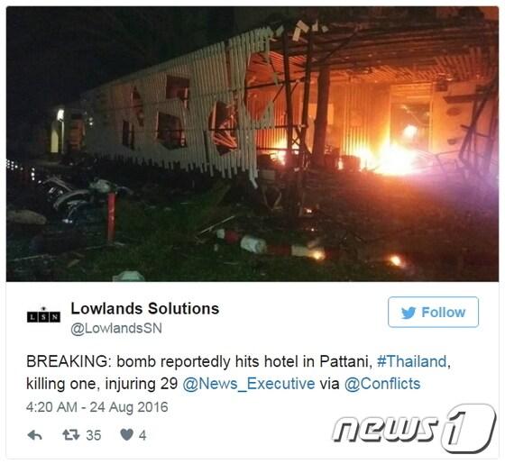 본문 이미지 - 태국 남부 빠따니 주 도심에서 23일(현지시간) 20분 간격으로 2차례 폭발이 발생했다. (출처:트위터)ⓒ News1