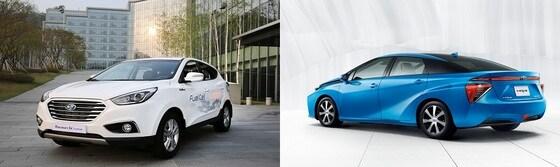 본문 이미지 - 투싼ix FCEV(왼쪽)와 토요타의 미라이(뉴스1DB)/News1