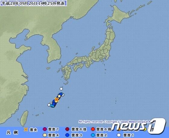 본문 이미지 - 일본 오키나와 근해에서 26일 오후 2시20분쯤 규모 5.6의 지진이 발생했다. (일본 기상청 제공) ⓒ News1
