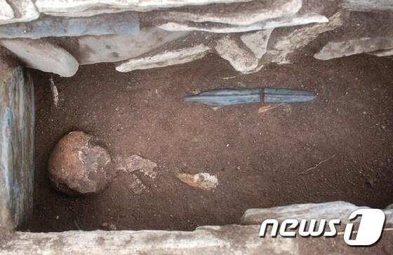 본문 이미지 - 청동기시대 석관묘에서 발굴된 인골과 비파형청동검의 모습. 문화재청 ⓒ News1
