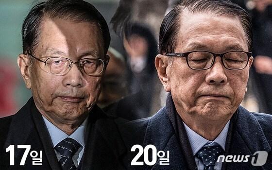 본문 이미지 - 특검 피의자 소환조사 당시(17일)와  20일 영장실질심사를 앞두고  특검에 출두한  김기춘 전 대통령 비서실장의 모습. 금속테 안경을  뿔테로 바꿔쓰고 있다. ⓒ News1 최진모 디자이너