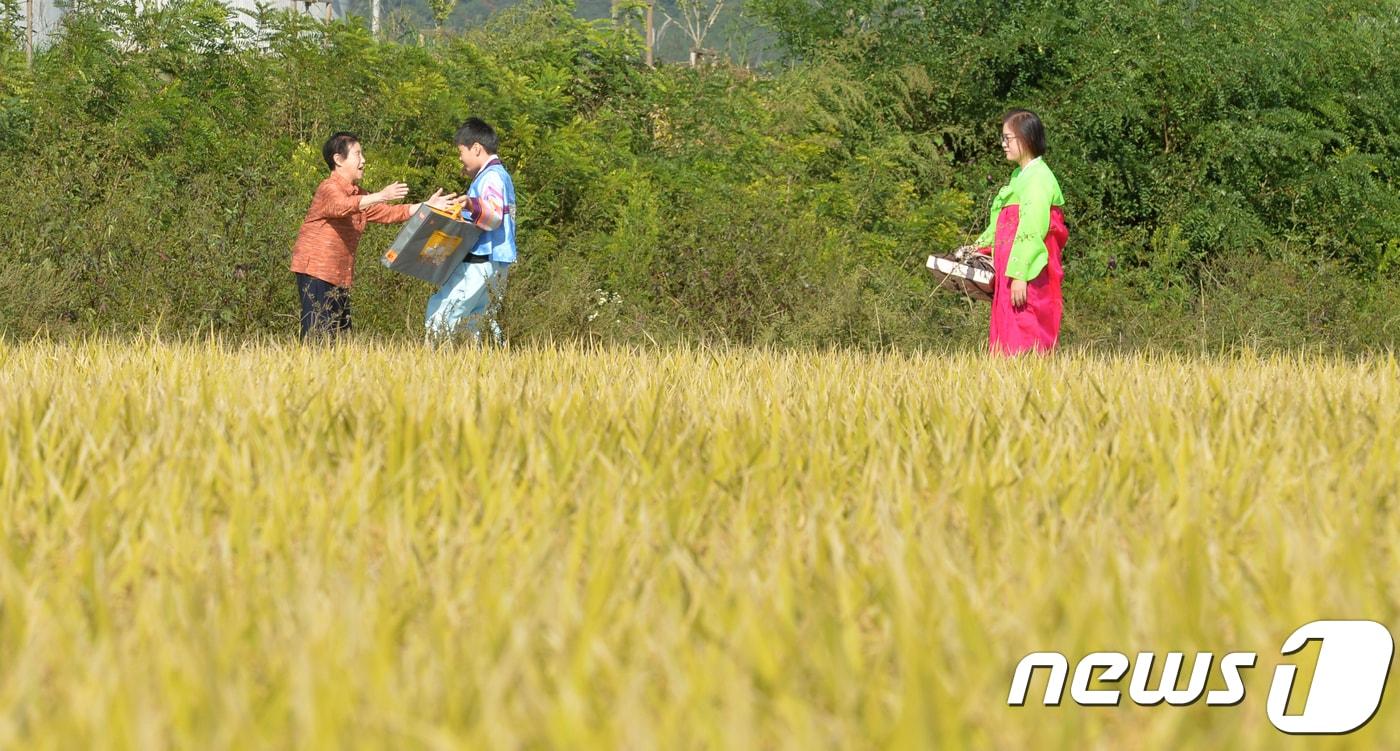 본문 이미지 - 추석연휴 이틀째인 지난해 10월1일 경북 포항시 북구 흥해읍에 있는 할머니 집을 찾은 손자가 동구밖까지 마중 나온 할머니를 발견하고 달려가 안기고 있다. 2017.10.1/뉴스1 ⓒ News1 최창호 기자