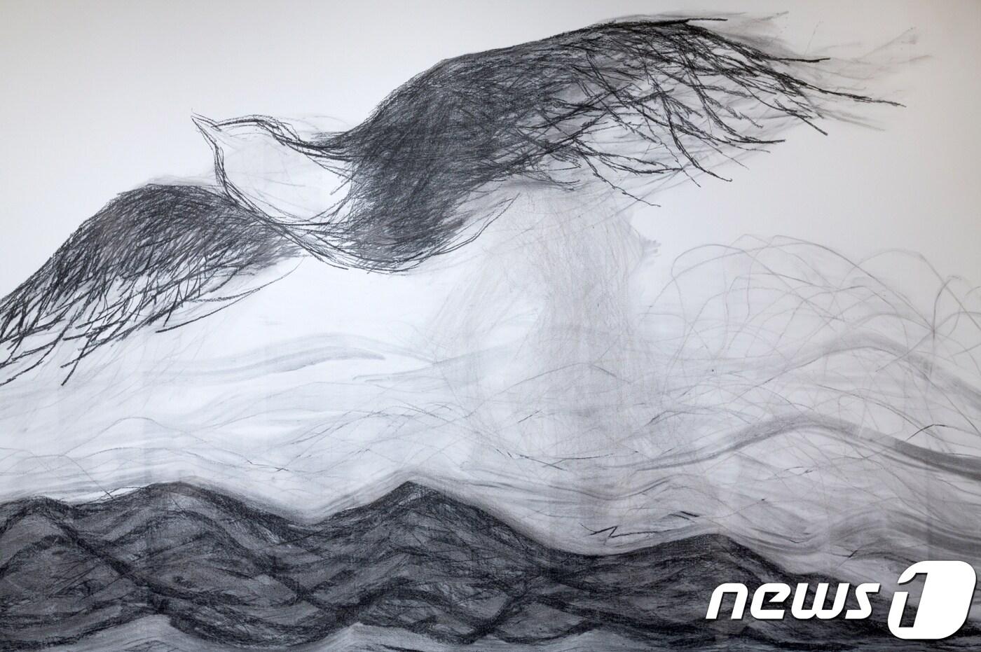 허윤희_새-경계를 넘어, 2017, 벽면에 목탄, 가변크기 (금호미술관 제공) ⓒ News1