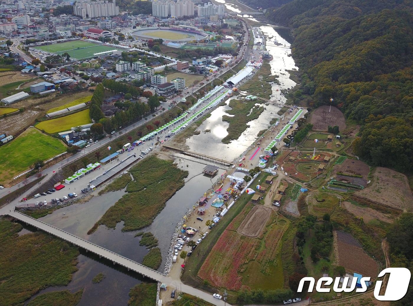 본문 이미지 - 지난해 하늘에서 바라본 횡성한우축제장 모습(News1 DB)