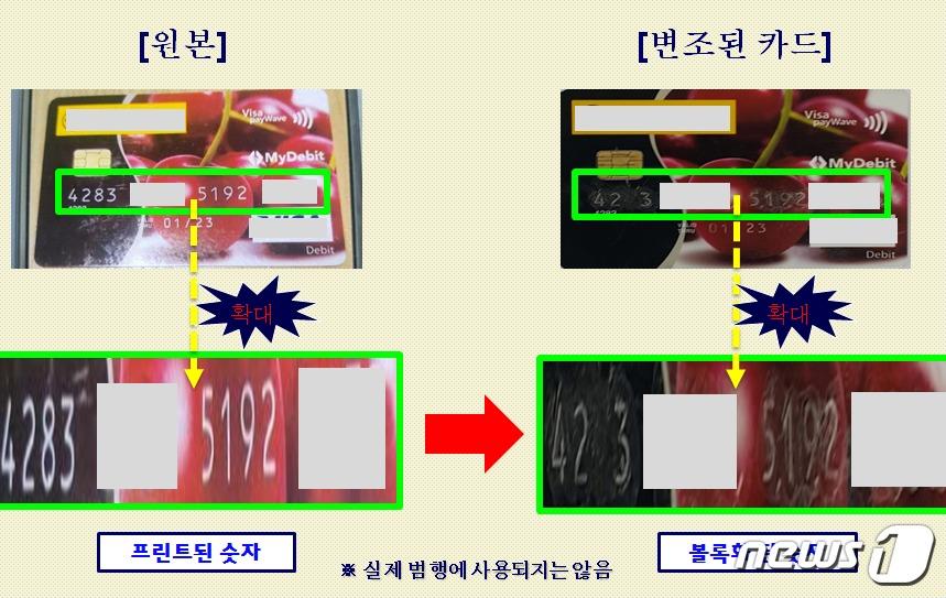 본문 이미지 - 피의자 일당이 카드단말기에서 승인된 매출전표가 나왔는데도  카드사에서 결제를  보류시키자 다시  결제를 청구하기 위해 카드번호를 하나씩 붙여 변조한 모습.(부산지방경찰청 제공).ⓒ News1