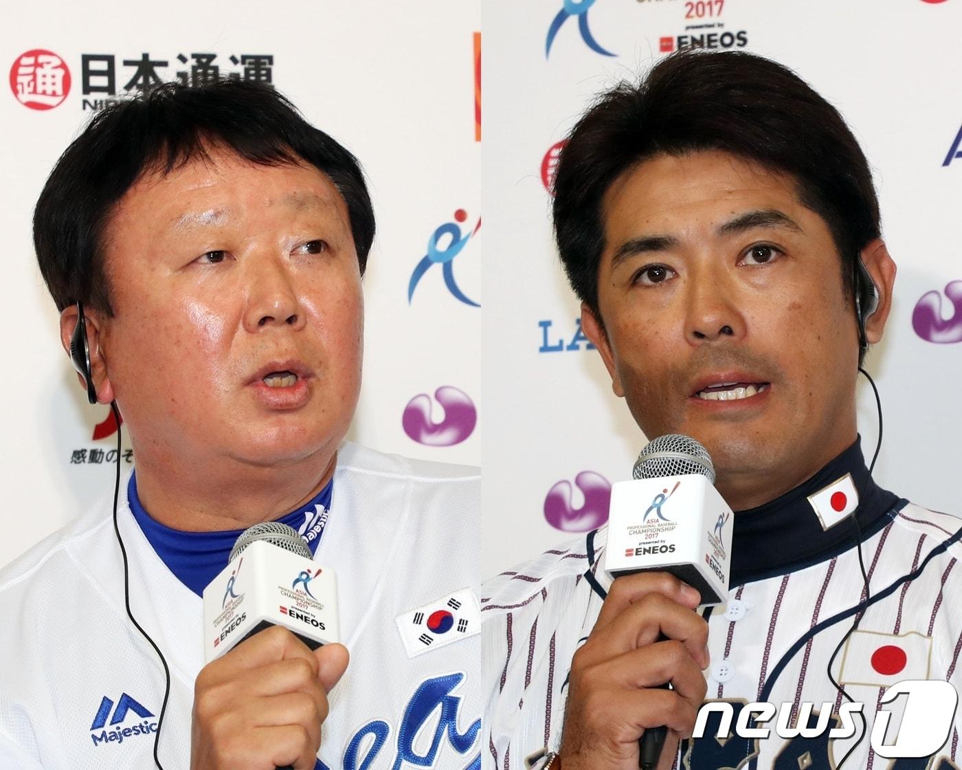 본문 이미지 - 선동열 한국 감독과 이나바 아스노리 일본 감독이 15일 일본 도쿄돔에서 열린 아시아프로야구챔피언십(APBC) 2017 공식기자회견에서 출사표를 던지고 있다. /뉴스1 ⓒ News1 황기선기자
