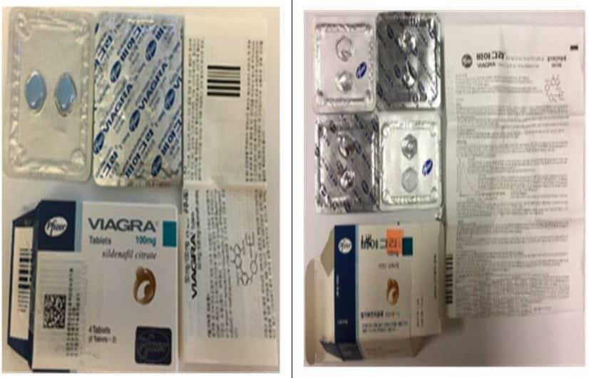본문 이미지 - 발기부전 치료제 '비아그라의 정품(왼쪽)과 위조품(오른쪽).식품의약품안전처 제공ⓒ News1