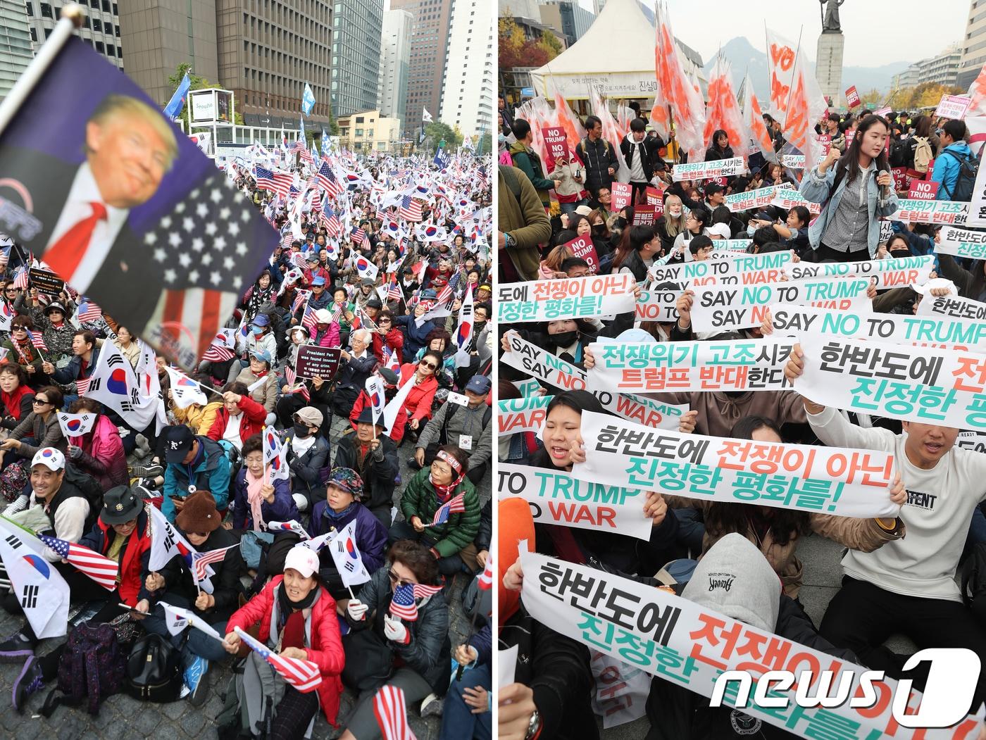 본문 이미지 - 7일 오후 서울 도심에서 트럼프 대통령 방한 환영 집회와 반대 집회가 각각 열렸다. 이날 집회에서는 트럼프 미국 대통령 방한 환영과 반대 측 양의 입장이 서로 대조를 이뤘다. 사진 왼쪽 트럼프 대통령 방한 환영 집회, 오른쪽 트럼프 대통령 방한 반대 집회. 2017.11.7/뉴스1 ⓒ News1 이재명 기자,신웅수 기자