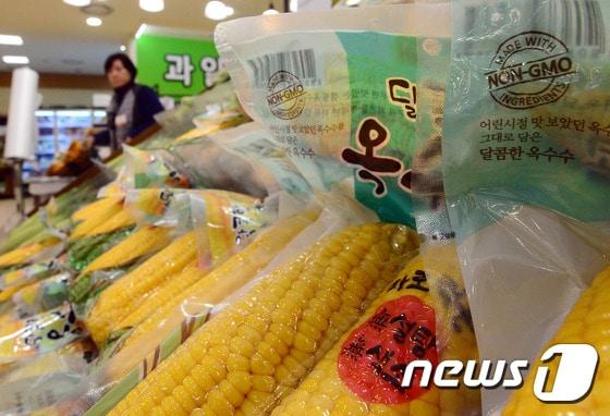 본문 이미지 - 서울의 한 대형마트에서  'NON-GMO' 표기가 된 옥수수가 진열돼 있다. 2017.2.1/뉴스1 ⓒ News1 최현규 기자