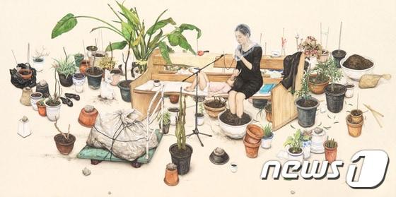 본문 이미지 - 이진주, 오목한 노래, 120x240cm, Korean paint on Linen, 2017 (아라리오갤러리 제공)ⓒ News1