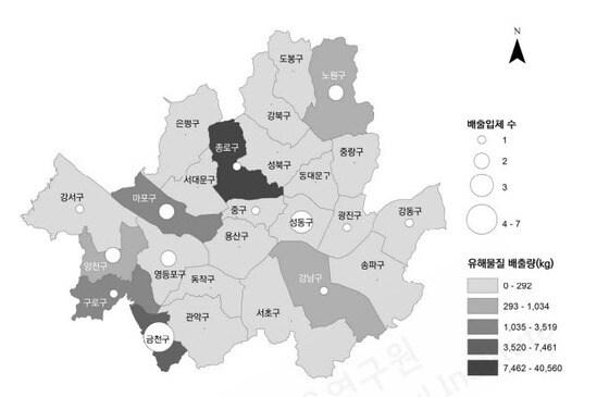 본문 이미지 - 서울시 구별 유해화학물질 배출량 분포(서울연구원 제공) 2017.3.5ⓒ News1