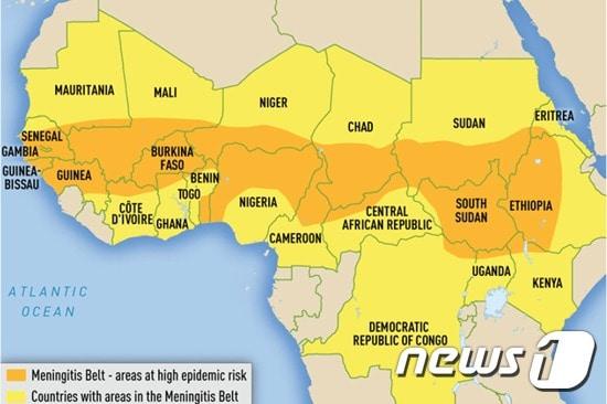 본문 이미지 - 아프리카 수막염 벨트 및 해당 국가. 자료=질병관리본부/ⓒ News1