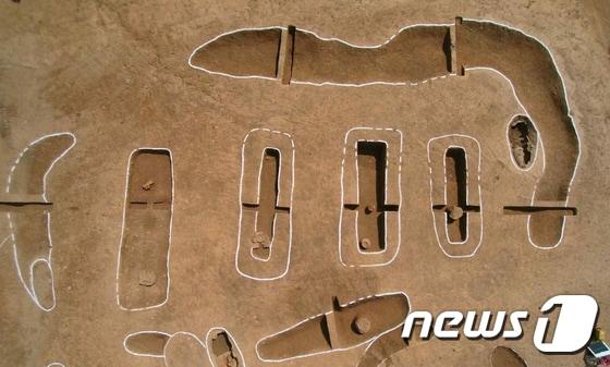 본문 이미지 - 문화재청은 대한문화재연구원이 발굴조사 중인 전남 해남군 안호리 ‘화산~평호 도로개설공사 구간 내 유적’에서 기원 후 3세기부터 4세기에 조성된 마한 시기의 대규모 고분군이 확인되었다고 31일 밝혔다. 현재까지 진행된 발굴조사 결과 마한 시기에 조성된 50여 기의 고분이 확인되었는데, 매장시설은 100여기 정도의 목관묘, 직장묘(토광묘), 옹관묘(甕棺墓, 독무덤) 등이 약 100년에 걸쳐 조성된 것으로 보고 있다. 사진은 해남 석호리 목관묘 전경. (문화재청 제공) 2017.5.31/뉴스1