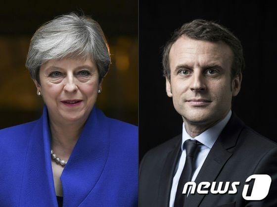 본문 이미지 - 테레사 메이 영국 총리(왼쪽)와 에마뉘엘 마크롱 프랑스 대통령. ⓒ AFP=뉴스1