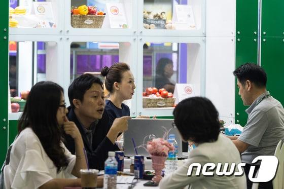 본문 이미지 - 해외농산업바이어들과 국내 농산업수출기업이 상담을 하고 있다. (사진은 기사와 관계없음) 2017.6.13/뉴스1 ⓒ News1 유승관 기자