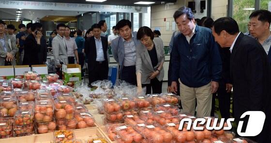 본문 이미지 - 이낙연 국무총리가 24일 세종특별자치시 도담동 로컬푸드 직매장 싱싱장터에 방문해 과일을 둘러보고 있다. 2017.6.24/뉴스1 ⓒ News1 장수영 기자