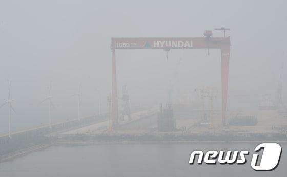 본문 이미지 - 지난 2017년 6월29일 전격 가동중단 직전의 현대중공업 군산조선소 전경. 이날 오후 도크 폐쇄를 이틀 앞둔 전북 군산시 현대중공업 군산조선소가 안개에 쌓여 있다. 현대중공업 군산조선소는 오는 7월1일이 되면 최소의 관리인력만을 남기고 모두 떠나게 되어 전북은 큰 경제적 손실을 피할 수 없게 되었다.2017.6.29/뉴스1 ⓒ News1 문요한 기자