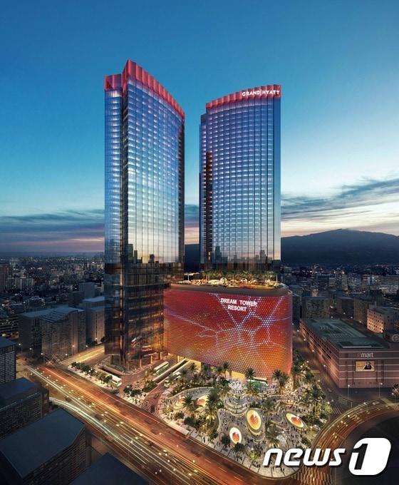 본문 이미지 - ‘제주의 강남’인 제주시 노형동에 국내 최대 규모로 개발 중인 제주 드림타워 복합리조트의 호텔브랜드 명칭이 ‘그랜드 하얏트(GRAND HYATT)’로 확정됐다. 사진은 그랜드 하얏트 조감도. ⓒ News1