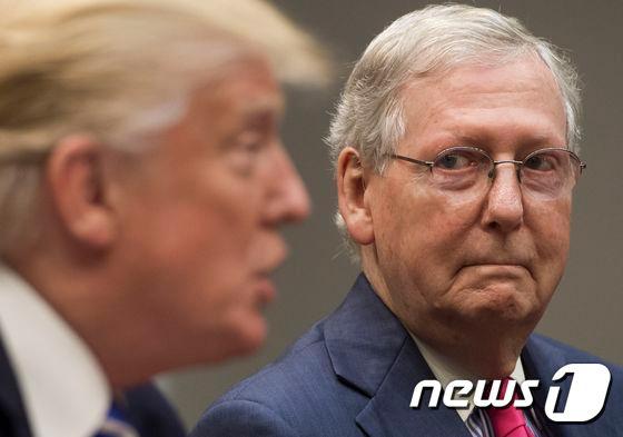 본문 이미지 - 도널드 트럼프 미국 대통령을 바라보고 있는 미치 매코넬 상원 공화당 원내대표. ⓒ AFP=뉴스1